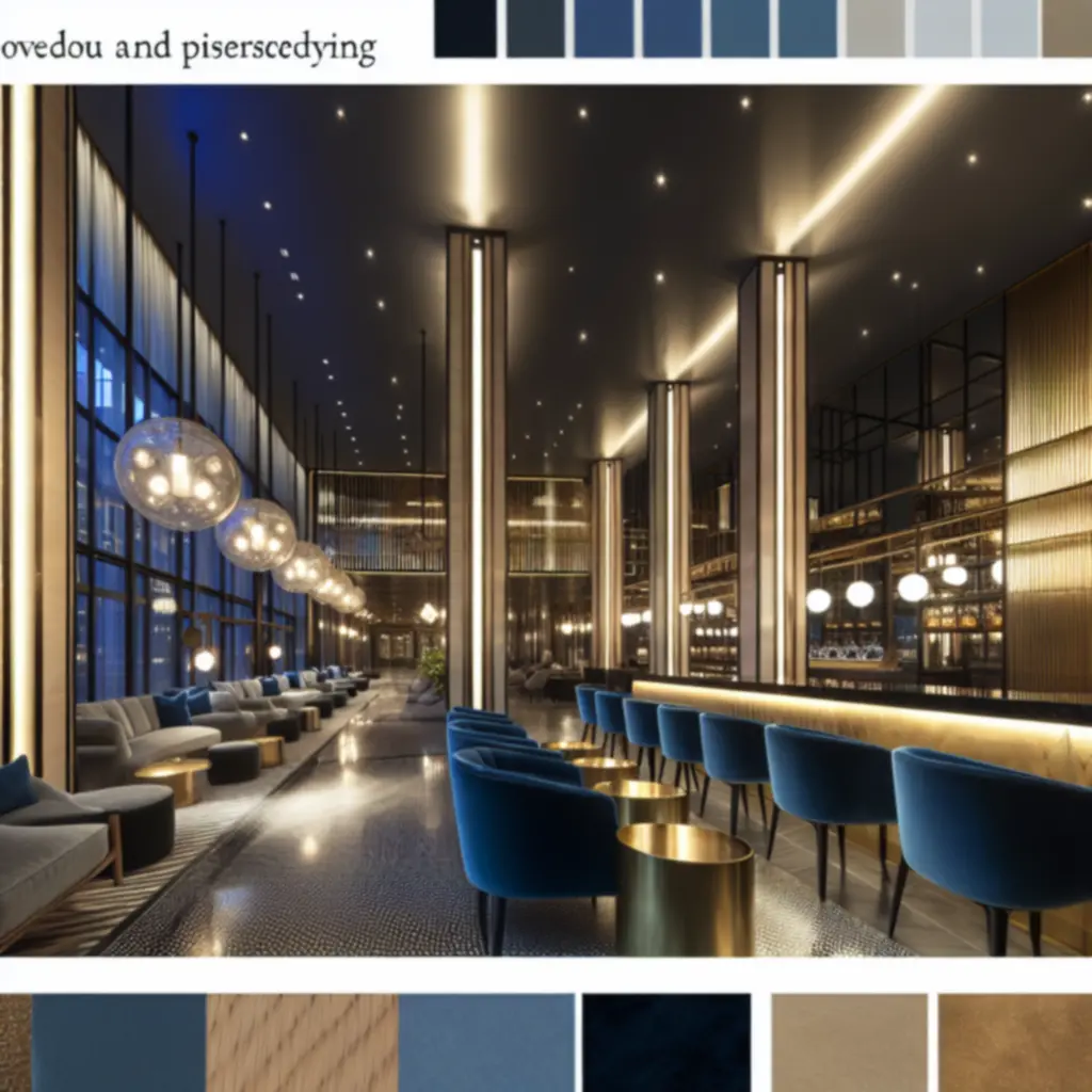 Sfeervolle hotellobby met diepe blauwe en gouden accenten