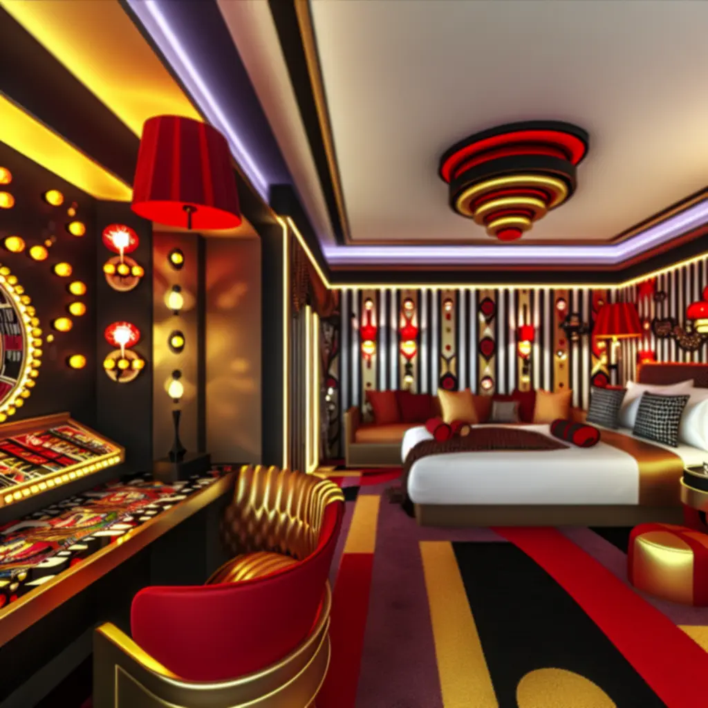 Kamer met casino-geïnspireerde decoratie en levendige details