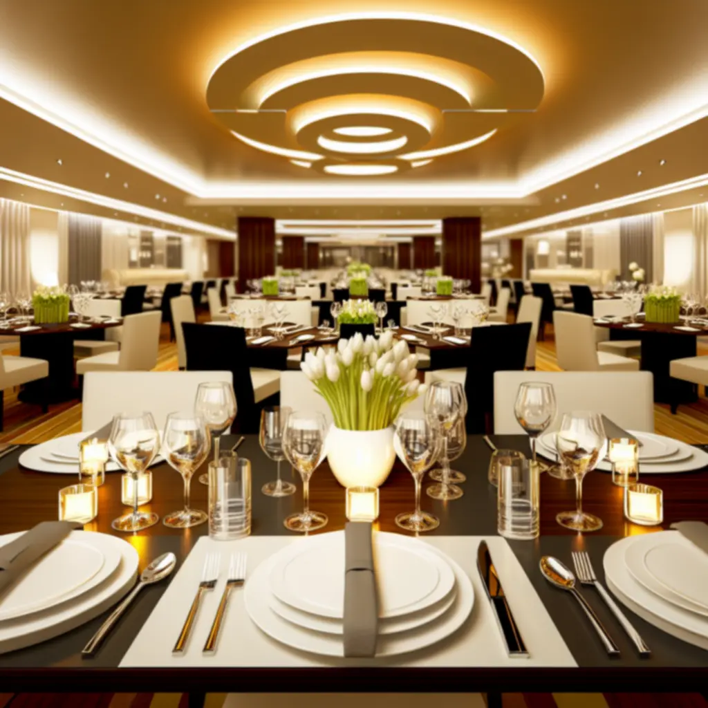 Sfeervolle restaurantzaal met gedekte tafels, warme verlichting en elegante details