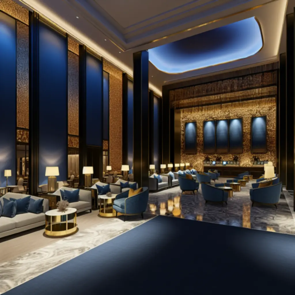 Sfeervolle lobby met diepe blauwtinten en gouden accenten