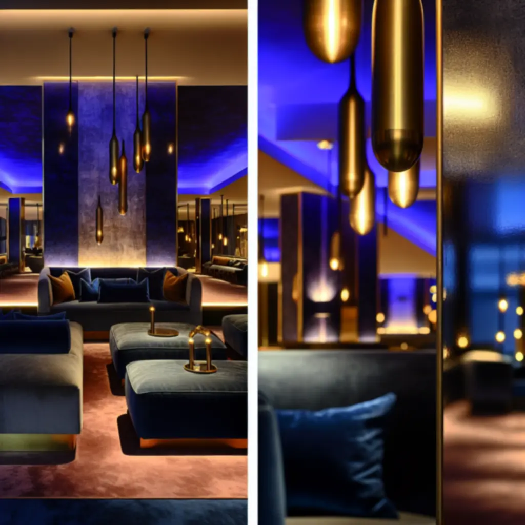 Luxe hotellobby met diepe blauwtinten en goudaccenten