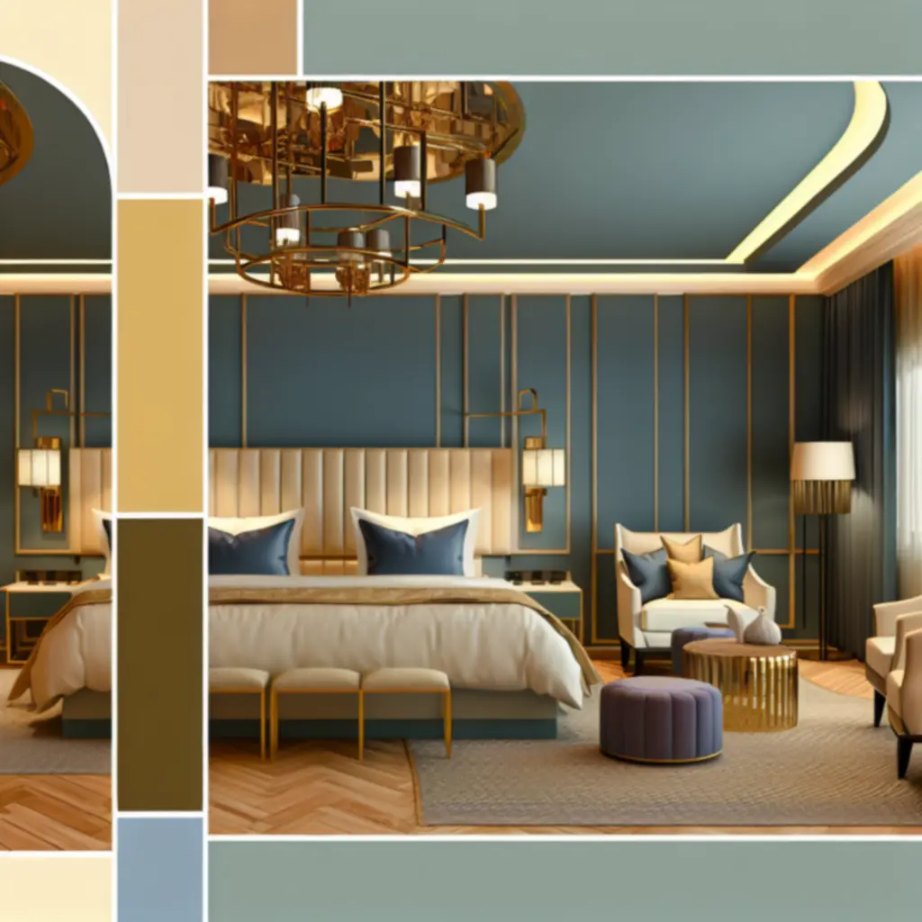 Luxe hotelkamer met elegant interieur in diepe blauwtinten en gouden accenten