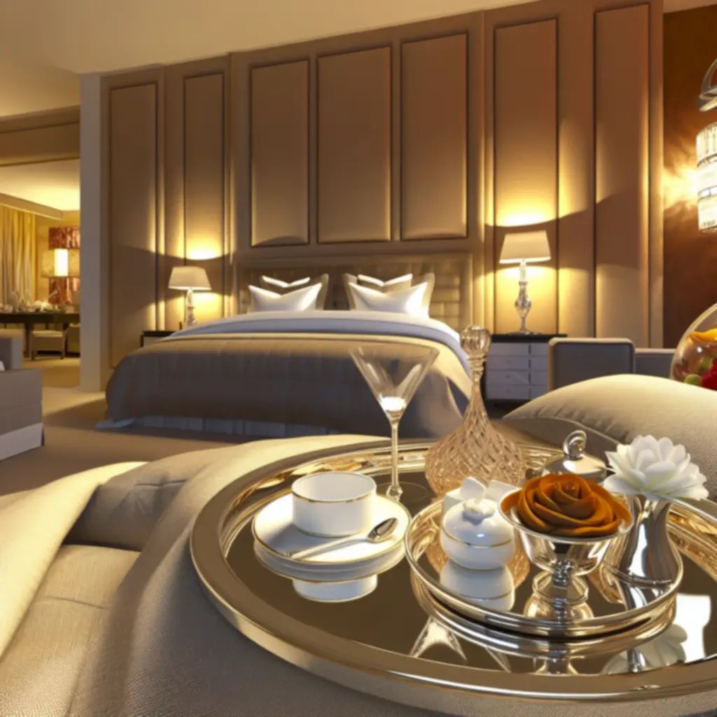 Luxe hotelkamer met roomservice op een dienblad in warme verlichting